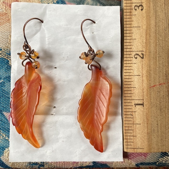 Carnelian earrings carved leaves dangling earrings Copper NEW hand made - Picture 2 of 5